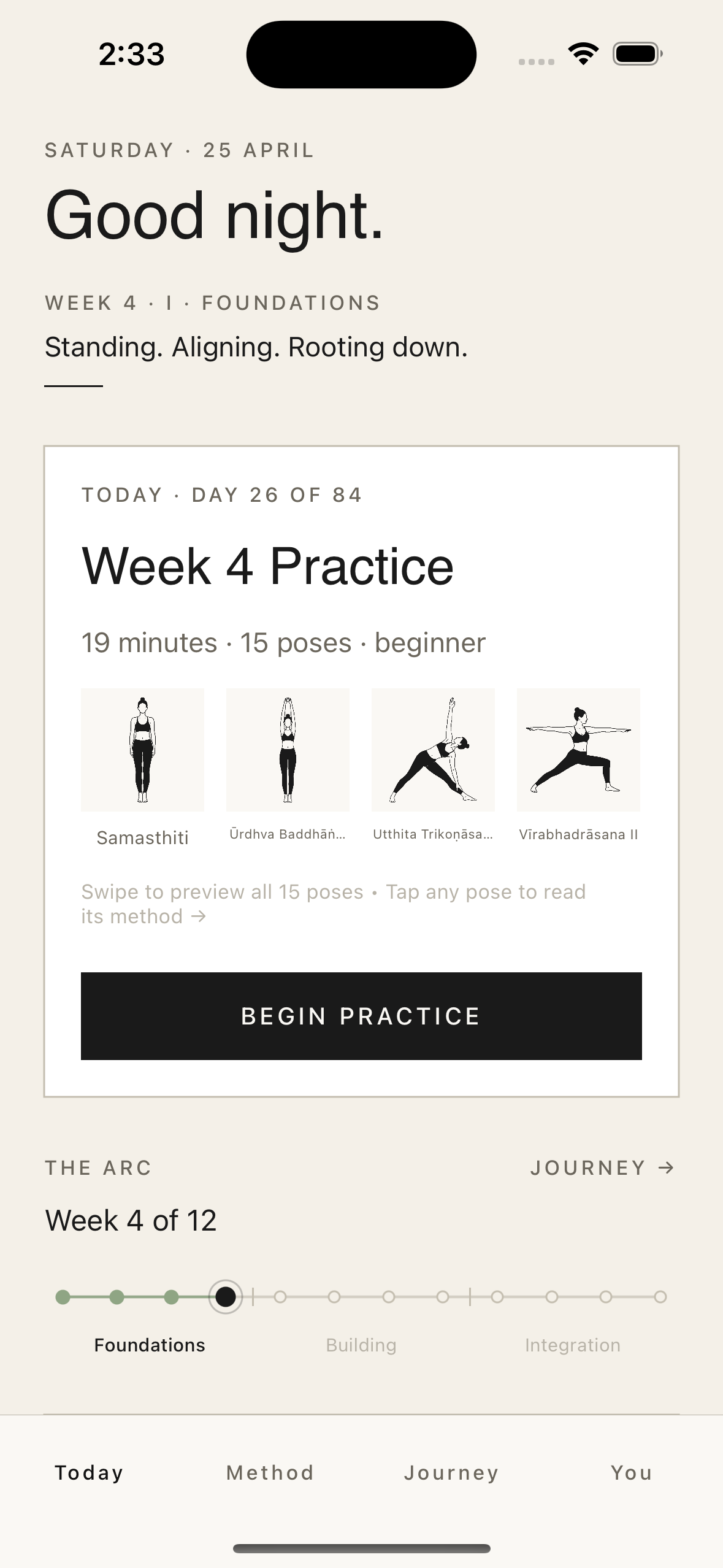 Ground & Return app Today screen showing Day 26 of the Foundation path
